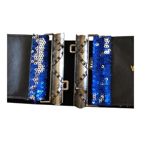 Oker NIP Women’s Blue Silver Sequin Elastic Waistband Rhinestones Buckle Belt - Picture 15 of 16
